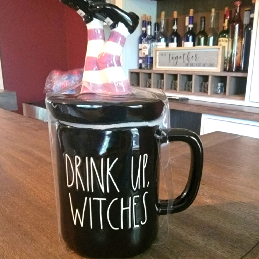 Rae Dunn Drink Up witches mug with topper